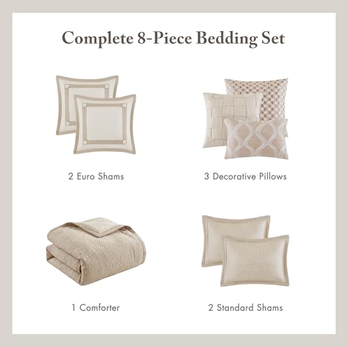 Madison Park Signature Queen Luxury Jacquard Comforter Set, Removable Duvet Cover with Insert, Oversized Overfilled Bedding, Hand-Guided Embroidered Texture Accents, Geometric Ivory, 8-Piece Madison Park