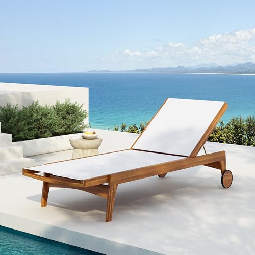 Christopher Knight Home Tristy Chaise Lounge Chair Outdoor, Acacia Wood Frame Sunbathing Pool Lounger, Adjustable Backrest Single Lounge Sofa, Patio Lounge Chaise for Poolside, White + Natural