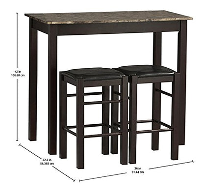 Linon Brown 3-Piece Table Faux Marble Tavern Set, 42" w x 22.25" d x 36" h - WoodArtSupply