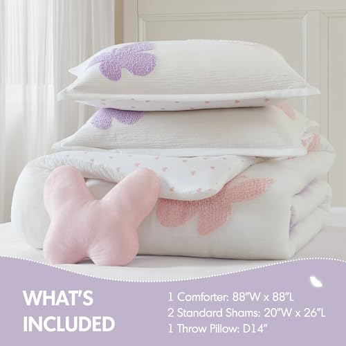 Intelligent Design Kids Rio Full/Queen Comforter Set – Girls’ Reversible Tufted Chenille Bedding with Pastel Purple Butterflies and Pink Dot, 4pcs Intelligent Design