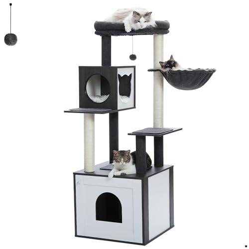 MIOMUM Tall Cat Tree with Litter Box Enclosure 56.7" Wooden Cat Tower for Large Cats with Cat Hammock House Bed (Wood Black) - WoodArtSupply