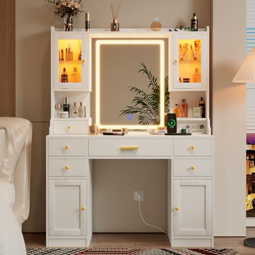 White Vanity Desk with Mirror, Lights and Charging Station - Large Makeup Table Set with RGB Cabinets and 3 LED Light Modes - WoodArtSupply