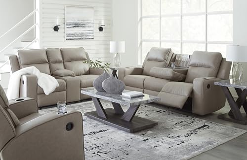 Signature Design by Ashley Lavenhorne Contemporary Faux Leather Manual Reclining Loveseat with Console and Cup Holders, Beige Signature Design by Ashley