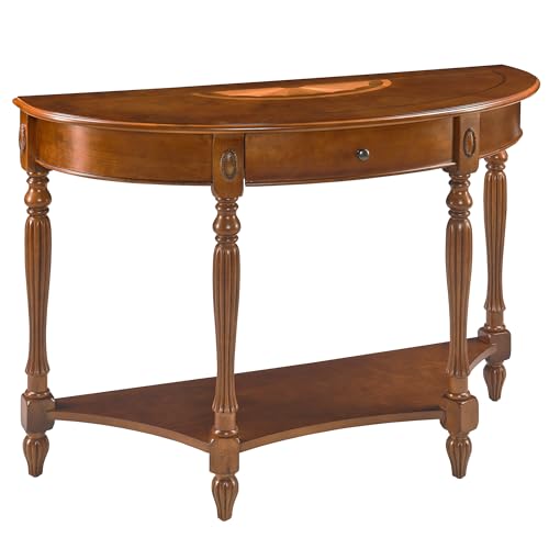 JESONVID Solid Wood Semi-Circle Console Table with Drawer and Shelf, 45.3" Traditional Vintage Entryway Table Polished Edging Half-Moon Narrow Table for Living Room Hallway, Beewax JESONVID