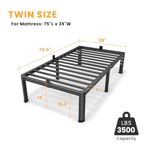 14 Inch Twin Bed Frame, Metal Platform Bed Frame with Round Corner Legs, 3500 lbs Heavy Duty Steel Slats Support, No Box Spring Needed, Noise Free, Easy Assembly, Black Superay