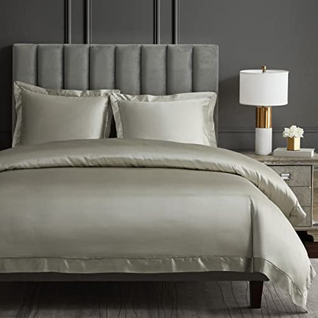 HiEnd Accents High Shine Satin 3 Piece Duvet Cover Set, King Size, Champagne Solid Color, Classic Traditional Modern Style Luxury Bedding, 1 Comforter Cover and 2 Pillowcases H HIEND ACCENTS