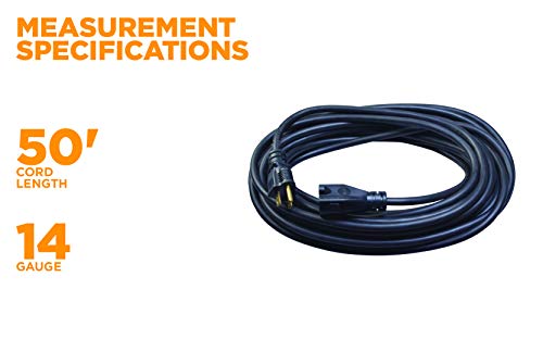 Woods 982452 50-Foot SJTOW Agricultural Outdoor Heavy Duty All- Weather Extension Cord, Oil Resistant Vinyl Jacket, Versatile Use, Powerful 15 Amps, 125 Volts, 1,875 Watt Extension Cord, Black Woods
