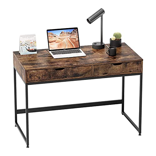 Bestier Small Rectangular Office Writing Computer Workstation Vanity Makeup Desk Minimal Elegant Simple Style with 2 Large Drawers, Rustic Brown Bestier