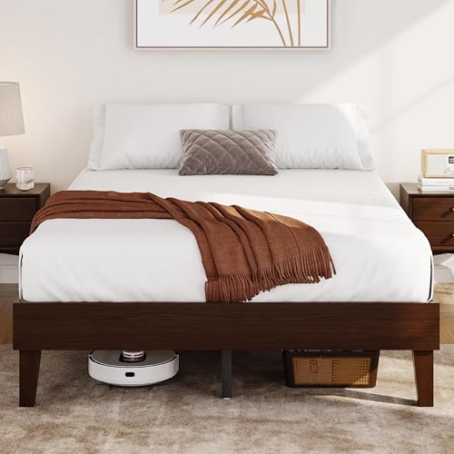 Yaheetech Full Bed Frame Natural Solid Wood Platform Bed with Wooden Slats Support, 12-inch Underbed Space for Storage, Noise-Free Design, Easy Assembly, Dark Walnut Finish Yaheetech