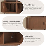 55" Large Round Record Player Stand with Charging Station, Vinyl Record Storage Cabinet, Mid Century Modern Turntable Stand with Open Shelves Holder for Bedroom Living Room, Sliding Doors (Walnut) ONBRILL