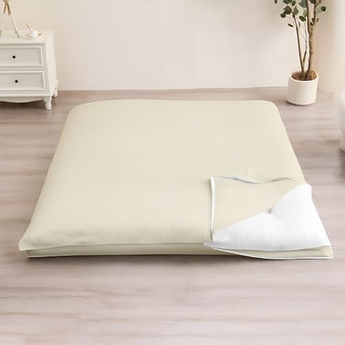 Cottington Lane Traditional Japanese Shikibuton Futon Cover, King Size Premium Cotton Zippered Floor Mattress Slipcover, Soft Durable, Ideal for Dorm Rooms, Guest Rooms, Ivory Cottington Lane