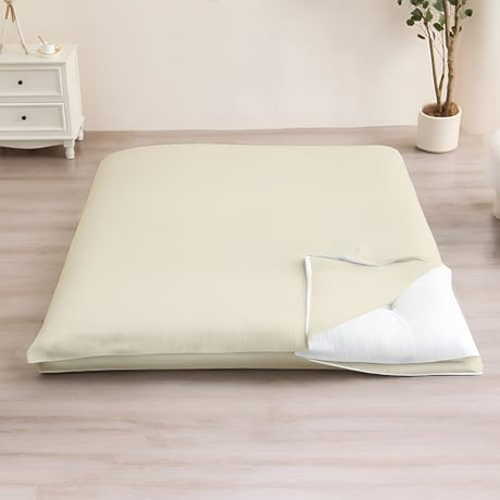 Cottington Lane Traditional Japanese Shikibuton Futon Cover, King Size Premium Cotton Zippered Floor Mattress Slipcover, Soft Durable, Ideal for Dorm Rooms, Guest Rooms, Ivory Cottington Lane