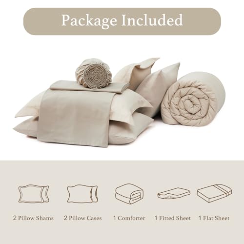 Monbix Queen Comforter Set - 7 Pieces Beige Bed in a Bag Queen Bedding Sets with Comforters, All Seasons Comforter Bed Set with Sheets, Pillowcases & Shams Monbix