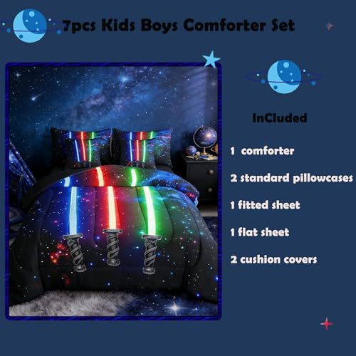 Feelyou 3D Galaxy Lightsaber Comforter Set with Sheets Green Blue Red Lightsaber 7 Piece Bedding Set Full Size for Kids Boys Girls Bedroom Bed Decor Lightsaber Bed in a Bag Neon Lightsaber Bed Set Feelyou