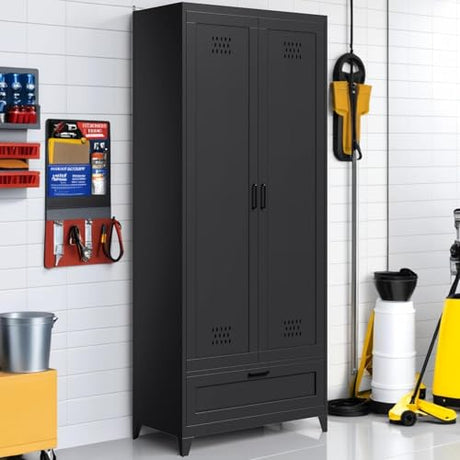 YITAHOME 71" Metal Garage Broom Cabinets with Adjustable Shelves, Vacuum Storage Cabinet with Doors and Drawer, Tool Storage Cabinet for Gym, Basement, Warehouse, Black, Metal YITAHOME