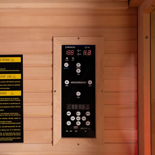 Woodbridge Infrared Home Sauna Room 2 Person Hemlock Wooden Indoor Sauna,7 Carbon 2230W/120V Heaters,with Led Color Therapy Light,Bluetooth Speaker,Tempered Glass,Touch-Tone Keypad and A Top Vent WOODBRIDGE