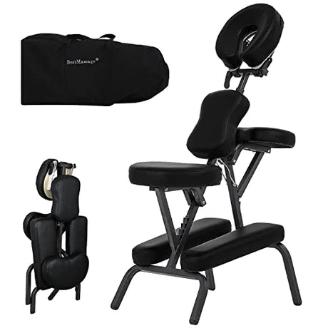 Pazidom Portable Massage Chair - Tattoo Chair with 4 Inch Thick Sponge, Height Adjustable, Light Weight, Foldable Spa Chair w/Face Cradle & Carrying Bag, Load Capacity 250LBS, Black Pazidom