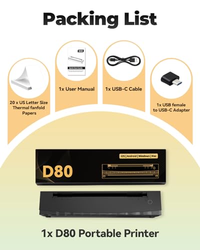 NDYIN Portable Printer Wireless for Travel, D80 Thermal Printer, Inkless Printers, Compatible with iOS, Android, Laptop, Supports 8.5" x 11" US Letter & A4 & A5 for Home Use, Office, Vehicles, Black NDYIN