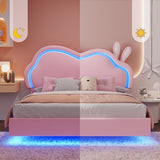 AMERLIFE Floating Queen Bed Frame with Adjustable RGB LED Headboard, Leather Upholstered Platform Bed for Kids/Girls,Wood Slats Support, No Box Spring Needed, Easy Assembly, Pink AMERLIFE