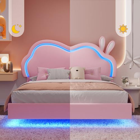 AMERLIFE Floating Queen Bed Frame with Adjustable RGB LED Headboard, Leather Upholstered Platform Bed for Kids/Girls,Wood Slats Support, No Box Spring Needed, Easy Assembly, Pink AMERLIFE