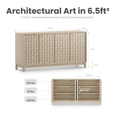 COLAMY Fluted Sideboard Cabinet with Storage – Solid Wood Buffet for Dining Room, Credenza Console with Adjustable Shelves, Walnut Finish, Mid Century Modern Style,Oak White COLAMY