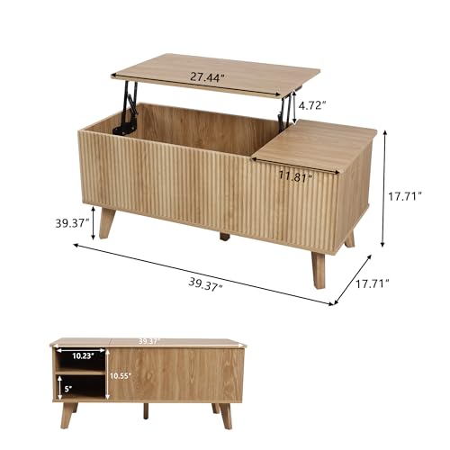 Wooden Fluted Lift Top Coffee Table with Hidden Compartment, Modern Rectangle Center Tables with Adjustable Storage Shelf, Lift Tabletop Dining Table for Home Living Room Office(Natural) - WoodArtSupply