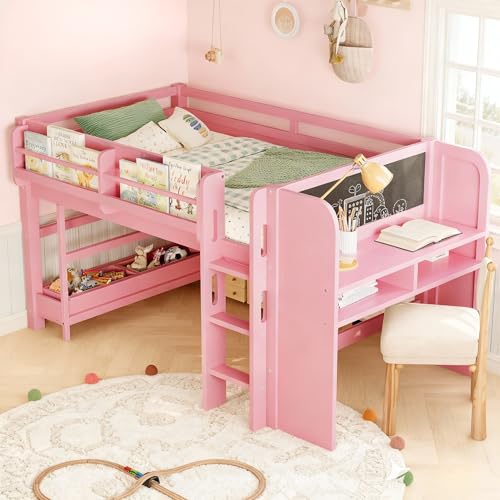 Bellemave Twin Loft Bed with Storage Boxes and Bookshelves, Solid Wood Kids Loft Bed with Desk and Blackboard, Low Loft Beds Frame for Kids, Girls, Boys, Childlike Design, Pink Bellemave