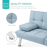 Best Choice Products Linen Modern Folding Futon, Reclining Sofa Bed for Apartment, Dorm w/Removable Armrests, 2 Cupholders - Light Blue Best Choice Products