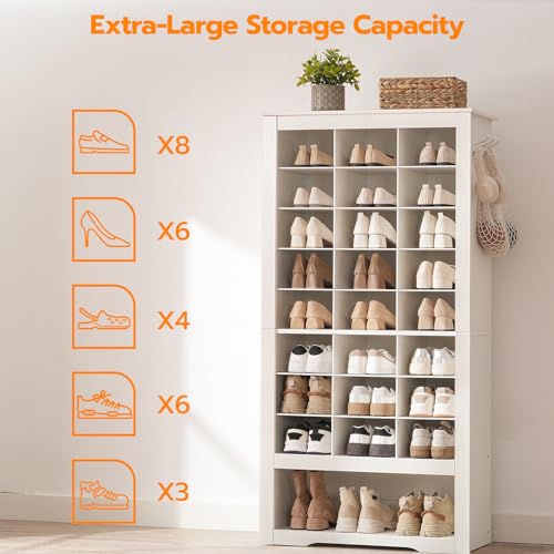 HOOBRO Shoe Cabinet, 8-Tier Heavy Duty Shoe Storage Cabinet, Freestanding Shoe Rack with 24 Cubbies and 3 Hooks, for Entryway, Closet, Living Room, White WT24SC01 - WoodArtSupply