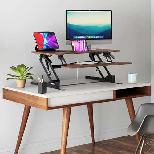 Mount-It! 38 Inch Standing Desk Converter, Sit Stand Desk Riser for Dual Monitors with Keyboard Tray, Height Adjustable Desktop Workstation, Easy Lift Gas Spring, Rustic Walnut Brown Mount-It!