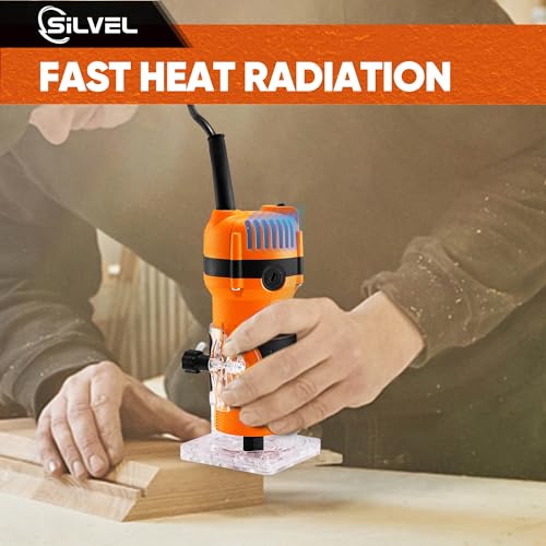 SILVEL Wood Router, 800W Wood Routers for Woodworking, 6.5Amp 1.25HP Hand Wood Router Tool, 30000R/MIN Compact Edge Trimmer with 15 1/4" Router Bit Set, Orange SILVEL