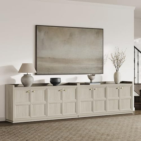 SICOTAS 4-Door Buffet Cabinet for Living Room - 61.7" Extra Long Sideboard with Storage & Adjustable Shelves Modern Credenza Accent Coffee Bar Storage Cabinet for Kitchen, Hallway, White Oak, 1 PCS SICOTAS
