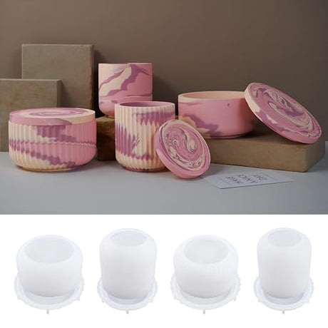 4pcs Cup Shape Candle Jar Silicone Mold with Lid, Handmade Storage Bowl Resin Mould, Flower Pot Vase Concrete, DIY Plaster Cast Cement Rings Jewelry Storage Box Mold XMOX