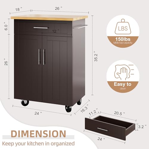 Shintenchi Kitchen Island Cart with Storage,Rolling Kitchen Island Side Table on Wheels with Large Worktop,Storage Cabinet,Towel Rack and Drawers for Kitchen,Dinning Room, Brown Shintenchi