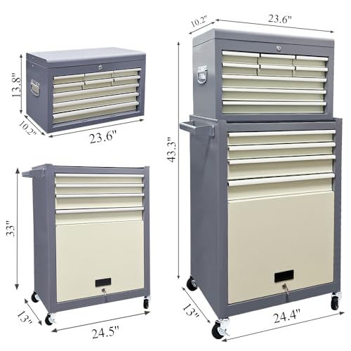Kirmosal 13-Drawer Tool Chest with Wheels,2 in 1 Detachable Rolling Tool Chests with Drawers,Large Tool Box with Lock,Mobile Steel Tool Cabinet Storage for Warehouse,Garage-Grey&White Kirmosal