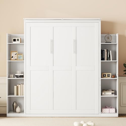 HABITRIO Queen Size Murphy Bed, Wooden Queen Murphy Bed Wall Bed with LED Lights and Shelves, White HABITRIO
