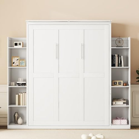 HABITRIO Queen Size Murphy Bed, Wooden Queen Murphy Bed Wall Bed with LED Lights and Shelves, White HABITRIO