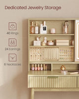 VASAGLE MAXE Collection - Vanity Desk with Sliding Mirror and Lights, Mid Century Modern Fluted Makeup Vanity with 10x Magnifying Mirror, Charging Station, Jewelry Storage, Oak Beige URDT139YC01S VASAGLE