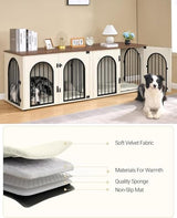 Hzuaneri 71" Dog Crate Furniture for 2 Dogs, Heavy Duty Indoor Dog Kennel TV Stand, XL Wooden Dog Cage with Divider for Medium Large Dogs, End Table Dog Crate with Cushion, White Brown DFC81914B Hzuaneri