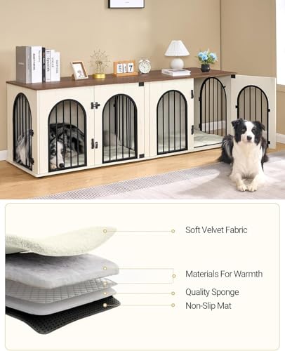 Hzuaneri 71" Dog Crate Furniture for 2 Dogs, Heavy Duty Indoor Dog Kennel TV Stand, XL Wooden Dog Cage with Divider for Medium Large Dogs, End Table Dog Crate with Cushion, White Brown DFC81914B Hzuaneri