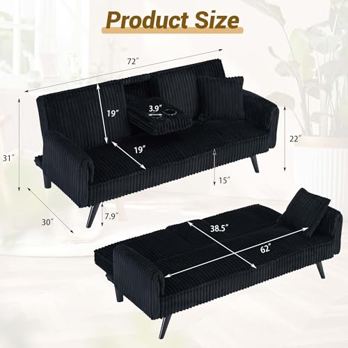 72" Modern Corduroy Sofa Bed Futon,Convertible Sleeper Couch Bed with Cup Holder,4 Reclining Positions,Folding Sofa Cloud Loveseat for Small Living Room Apartment Office (Black-New) Majnesvon