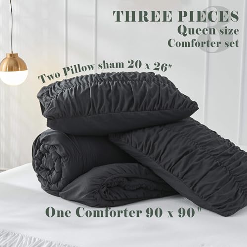 Bonlino Queen Comforter Set - Black Boho Shabby Chic Bedding for Bedroom - Fluffy 3 Piece Ruffle Comforter Set with Pillow Bonlino