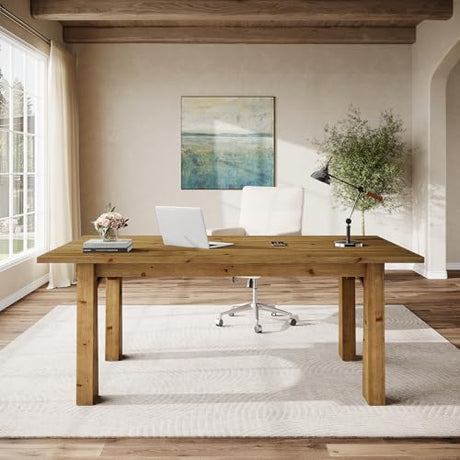 TRIBEWOOD Solid Wood Executive Desk, 63-Inch Computer Desk with Sturdy Wooden Legs, Farmhouse Workstations Writing Table Conference Table Business Furniture for Home Office TRIBEWOOD