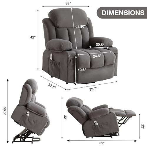 BOSMILLER Power Lift Recliner Chair for Elderly with Vibration Massage and Lumbar Heating Electric Oversized Single Sofa with Cup Holder and USB Charge Port for Living Room