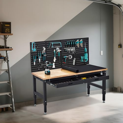 60 Inch Adjustable Work Table, 3000 Lbs Capacity Rubber Wood Tabletop Workbench, Heavy Duty Work Bench Table with 2 Drawers & Pegboard for Garage Woodworking Shop, with Power Outlet & Pegboard EliteEdge