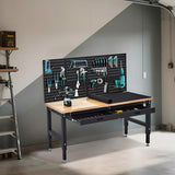 60 Inch Adjustable Work Table, 3000 Lbs Capacity Rubber Wood Tabletop Workbench, Heavy Duty Work Bench Table with 2 Drawers & Pegboard for Garage Woodworking Shop, with Power Outlet & Pegboard EliteEdge