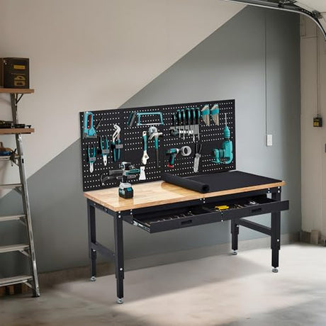 60 Inch Adjustable Work Table, 3000 Lbs Capacity Rubber Wood Tabletop Workbench, Heavy Duty Work Bench Table with 2 Drawers & Pegboard for Garage Woodworking Shop, with Power Outlet & Pegboard EliteEdge