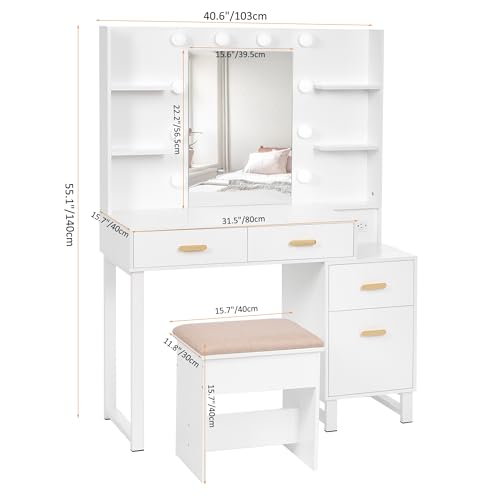 ANWBROAD Makeup Vanity Desk Vanity Set with 10 LED Bulbs Lighted Mirror Makeup Vanity Table Set with Charging Station Nightstand 3 Colors Modes Dimming Cushioned Stool Large Mirror White UBDT53W ANWBROAD