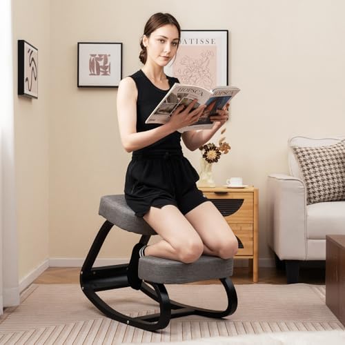 Giantex Ergonomic Kneeling Chair, Rocking Posture Chair with Padded Cushion, Knee Chair for Back Neck Pain Relief, Wooden Kneeling Desk Chair for Home Office Giantex