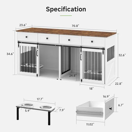 Real Relax 71” Large Dog Crate Furniture for 1 or 2 Dogs with Sliding Door, Heavy Duty Dog Kennel Furniture for Small/Medium Dogs with 4 Bowls, Dog Cage with Steel Frame, White Real Relax
